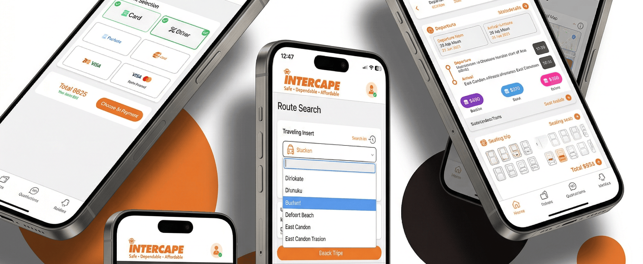 Intercape mobile booking app on several phones, showing the route search, seat selection and payment screens