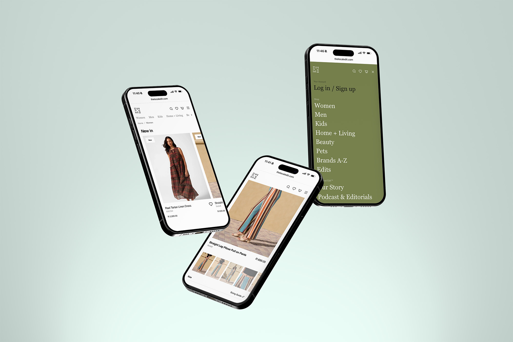 The Local Edit website on three phones, showing the new in product listing, a product page with a sizing guide and the shop menu